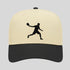 Beige and black cap with a silhouette of a person playing badminton on a light gray background